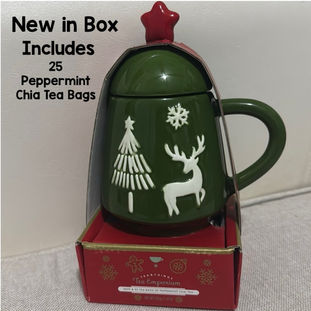 New in Box-Ceramic Mug with Lid & 25 Peppermint Chia Tea Bags